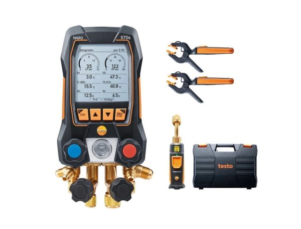 Rinkinys Testo 570s - skaitmeninis 4 krypčių kolektorius su 1 x testo 552i belaidis Bluetooth vakuuminis zondas ir 2 x Testo 115i belaidžiais bluetooth termometrais